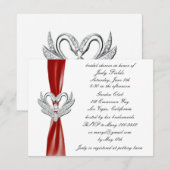 Red Ribbon Silver Swans Bridal Shower Invitation Kaart (Voorkant / Achterkant)