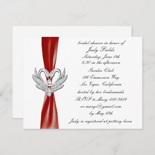 Red Ribbon Silver Swans Bridal Shower Invitation Kaart (Voorkant / Achterkant)