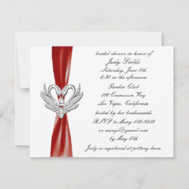 Red Ribbon Silver Swans Bridal Shower Invitation Kaart