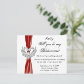 Red Ribbon Silver Swans Bridesmaid Kaart (Staand voorkant)