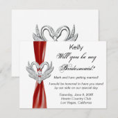 Red Ribbon Silver Swans Bridesmaid Kaart (Voorkant / Achterkant)