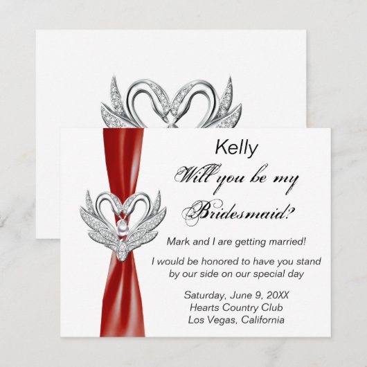 Red Ribbon Silver Swans Bridesmaid Kaart (Voorkant / Achterkant)