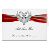 Red Ribbon Silver Swans Folted Table Place Card (Voorkant Horizontaal)