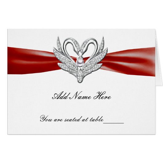 Red Ribbon Silver Swans Folted Table Place Card (Voorkant Horizontaal)