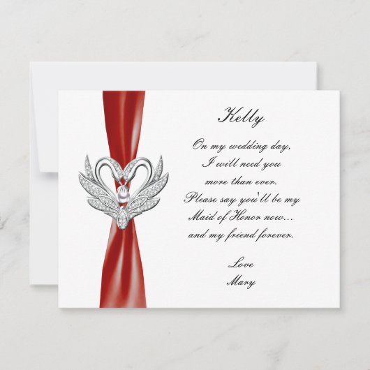 Red Ribbon Silver Swans Maid of Honor Kaart (Voorkant)