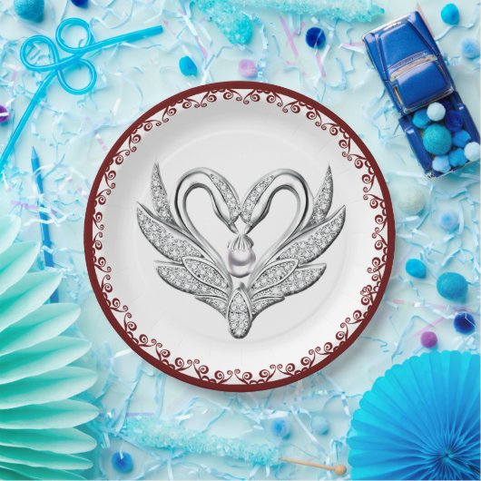 Red Ribbon Silver Swans Paper Bord (Feest)