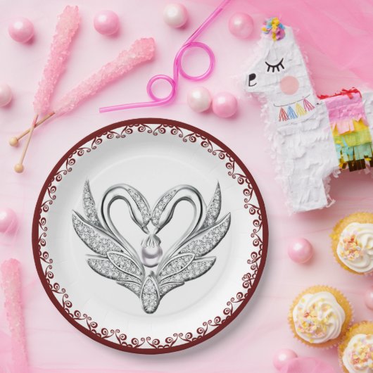 Red Ribbon Silver Swans Paper Bord (Feest)