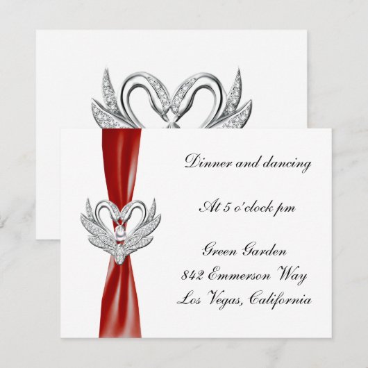 Red Ribbon Silver Swans Reception Kaart (Voorkant / Achterkant)