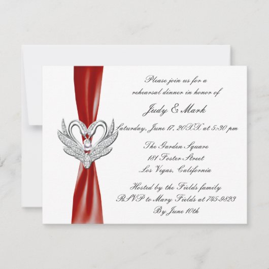 Red Ribbon Silver Swans Rehearsal Dinner Invite Kaart (Voorkant)