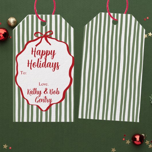 Red Ribbon Striped Custom Holiday Gift Tag Cadeaulabel