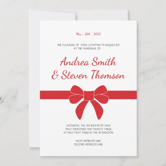 Red Ribbon Wedding Invite. Boe Kaart (Voorkant)