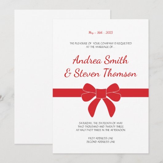 Red Ribbon Wedding Invite. Boe Kaart (Voorkant / Achterkant)