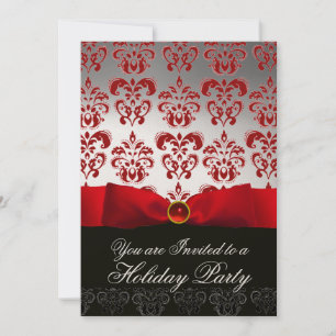RED RIBBON WHITE BLACK DAMASK HOLIDAY PARTY Ruby Kaart