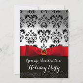 RED RIBBON WHITE BLACK DAMASK HOLIDAY PARTY Ruby Kaart (Voorkant)