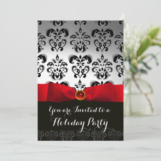 RED RIBBON WHITE BLACK DAMASK HOLIDAY PARTY Ruby Kaart (Staand voorkant)