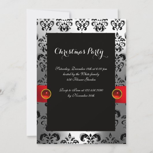 RED RIBBON WHITE BLACK DAMASK HOLIDAY PARTY Ruby Kaart (Achterkant)
