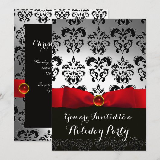 RED RIBBON WHITE BLACK DAMASK HOLIDAY PARTY Ruby Kaart (Voorkant / Achterkant)