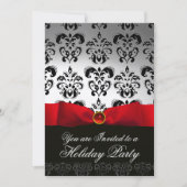 RED RIBBON WHITE BLACK DAMASK HOLIDAY PARTY Ruby Kaart (Voorkant)