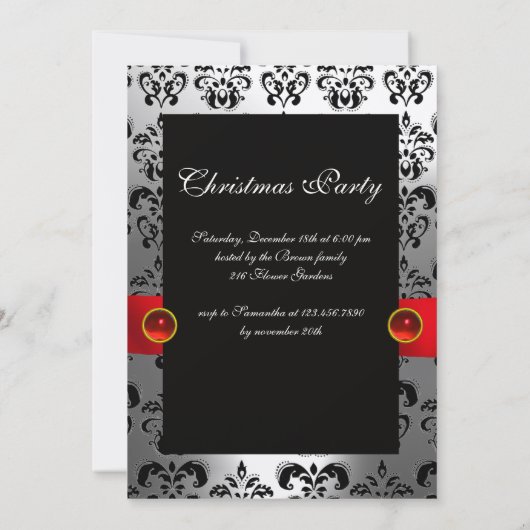 RED RIBBON WHITE BLACK DAMASK HOLIDAY PARTY Ruby Kaart (Achterkant)