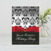 RED RIBBON WHITE BLACK DAMASK HOLIDAY PARTY Ruby Kaart (Staand voorkant)