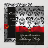 RED RIBBON WHITE BLACK DAMASK HOLIDAY PARTY Ruby Kaart (Voorkant / Achterkant)