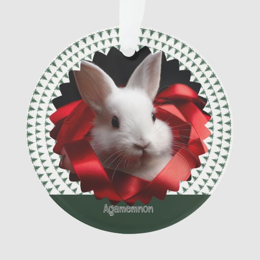 Red ribbon white bunny Christmas Tree Ornament (voorkant)