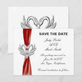 Red Ribbon Zilveren Zwanen Save The Date Kaart (Voorkant / Achterkant)