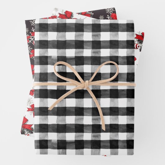 Red Ribbons Black & White Buffalo Check Kerstmis Inpakpapier Vel (In situ)