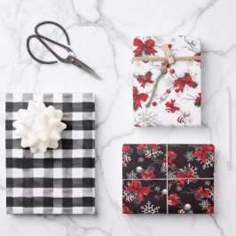 Red Ribbons Black & White Buffalo Check Kerstmis Inpakpapier Vel