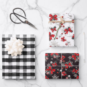 Red Ribbons Black & White Buffalo Check Kerstmis Inpakpapier Vel