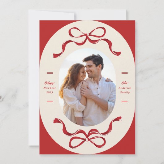 Red Ribbons Gelukkig Nieuwjaar 2026 Foto Feestdagenkaart (Voorkant)