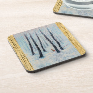 Red Riding Hood-achtige figuur in een winterbos Bier Onderzetter