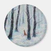 Red Riding Hood-achtige figuur in een winterbos Magneet (Voorkant)