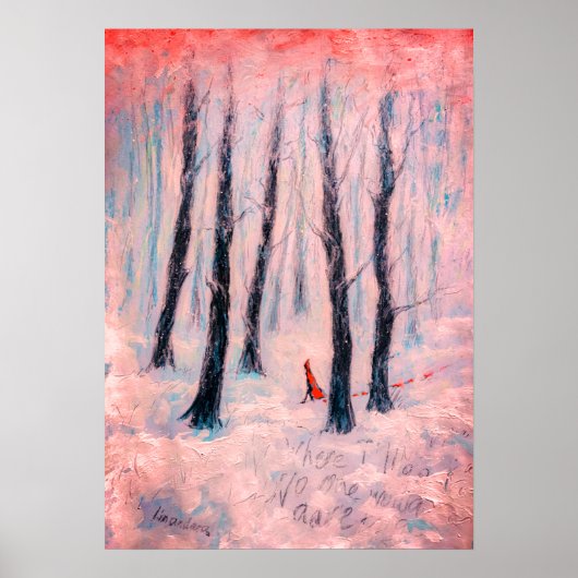 Red Riding Hood-achtige figuur in een winterbos Poster (Voorkant)