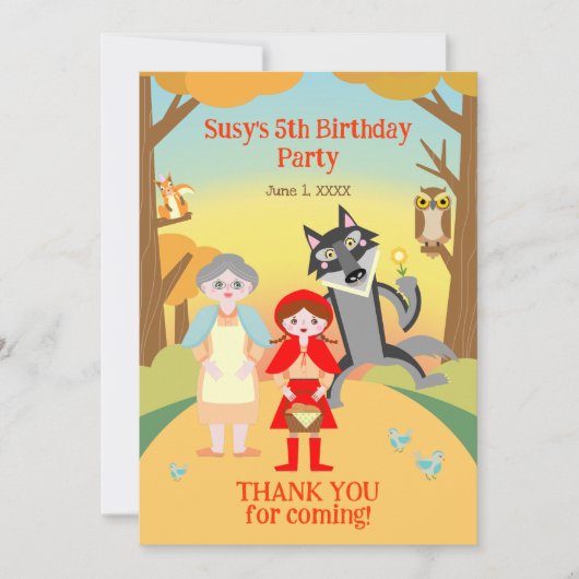 Red Riding Hood Girl Verjaardagsfeestje Bedankkaart (Voorkant)