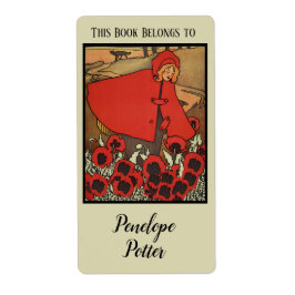 Red Riding Hood met papavers en Wolf Bookplate Etiket