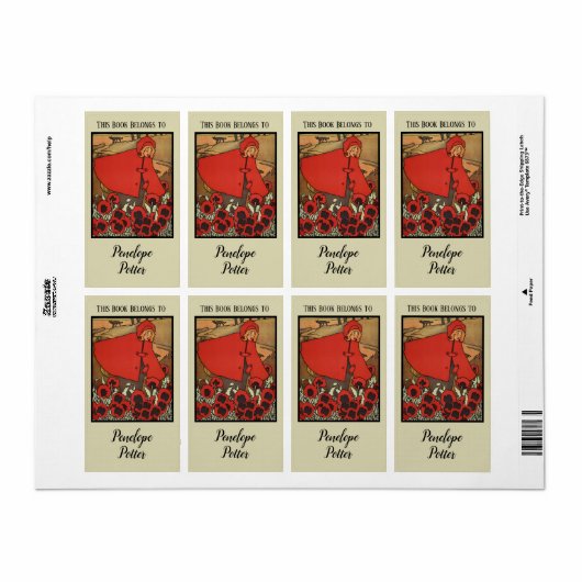 Red Riding Hood met papavers en Wolf Bookplate Etiket (Full Sheet)