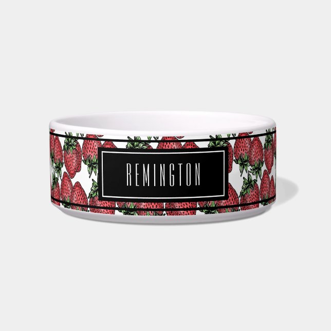 Red Ripe Strawberry Pattern Aangepaste Pet Naam  Voerbakje (Voorkant)