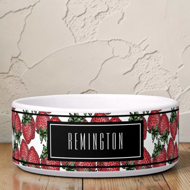 Red Ripe Strawberry Pattern Aangepaste Pet Naam  Voerbakje (Strawberry background custom pet bowl)