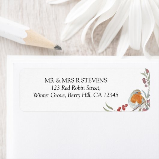 Red Robin Berries Winter Waterverf Return Address Etiket (Insitu)