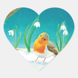 Red Robin Bird en Snowdrops Illustratie Hart Sticker
