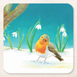 Red Robin Bird en Snowdrops Illustratie Kartonnen Onderzetters
