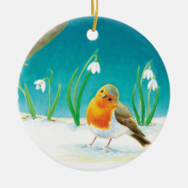 Red Robin Bird en Snowdrops Illustratie Keramisch Ornament