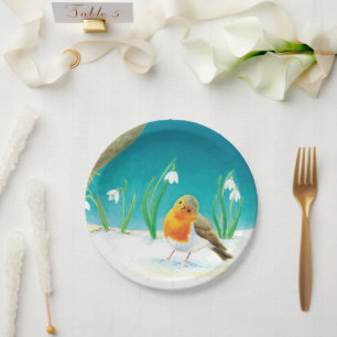 Red Robin Bird en Snowdrops Illustratie Papieren Bordje
