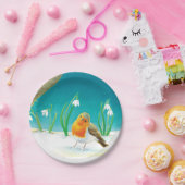 Red Robin Bird en Snowdrops Illustratie Papieren Bordje (Feest)