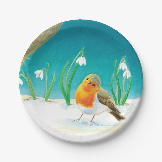 Red Robin Bird en Snowdrops Illustratie Papieren Bordje (Voorkant)