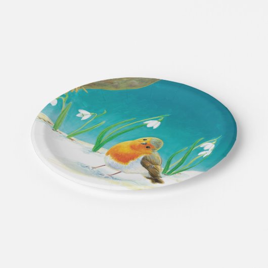 Red Robin Bird en Snowdrops Illustratie Papieren Bordje (Gekanteld)