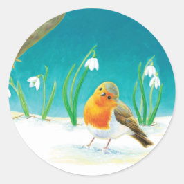 Red Robin Bird en Snowdrops Illustratie Ronde Sticker