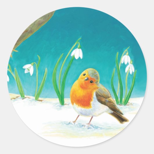Red Robin Bird en Snowdrops Illustratie Ronde Sticker (Voorkant)