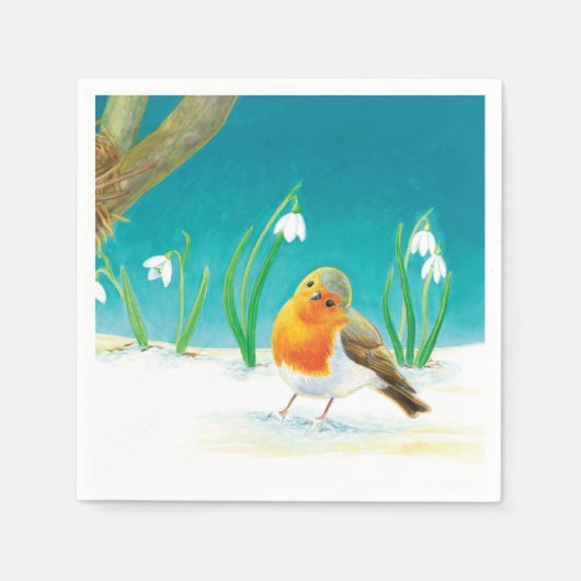 Red Robin Bird en Snowdrops Illustratie Servet (Voorkant)